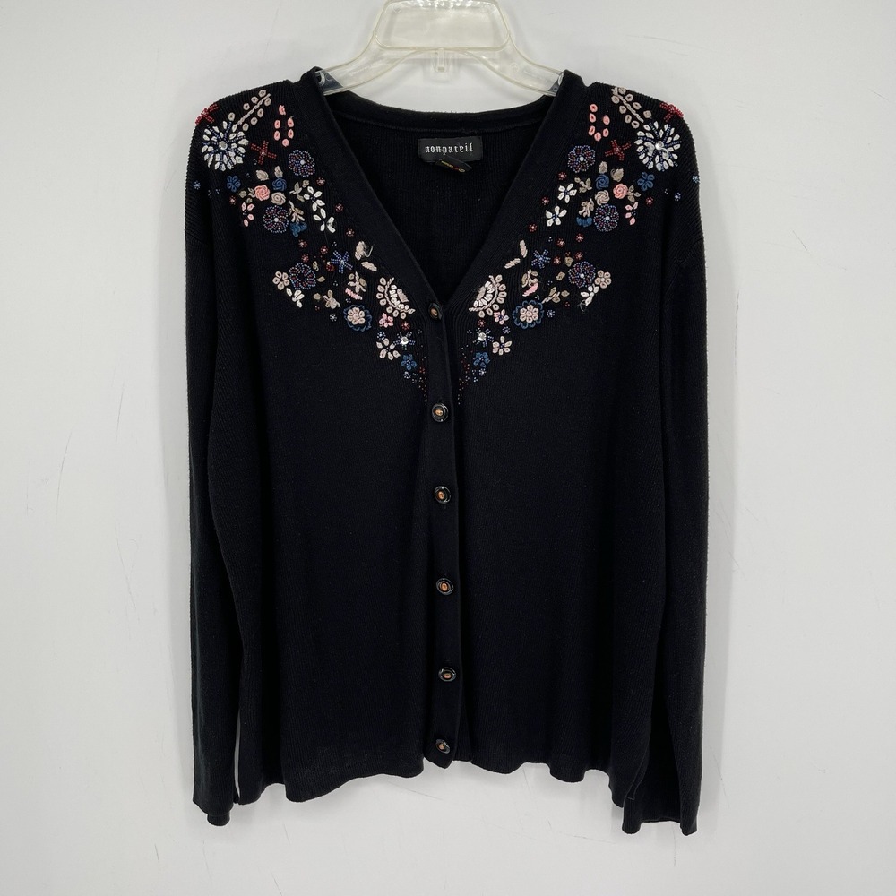 Nonpareil Womens Vintage Black Beaded Floral Embroidered Cardigan Sweater Size M